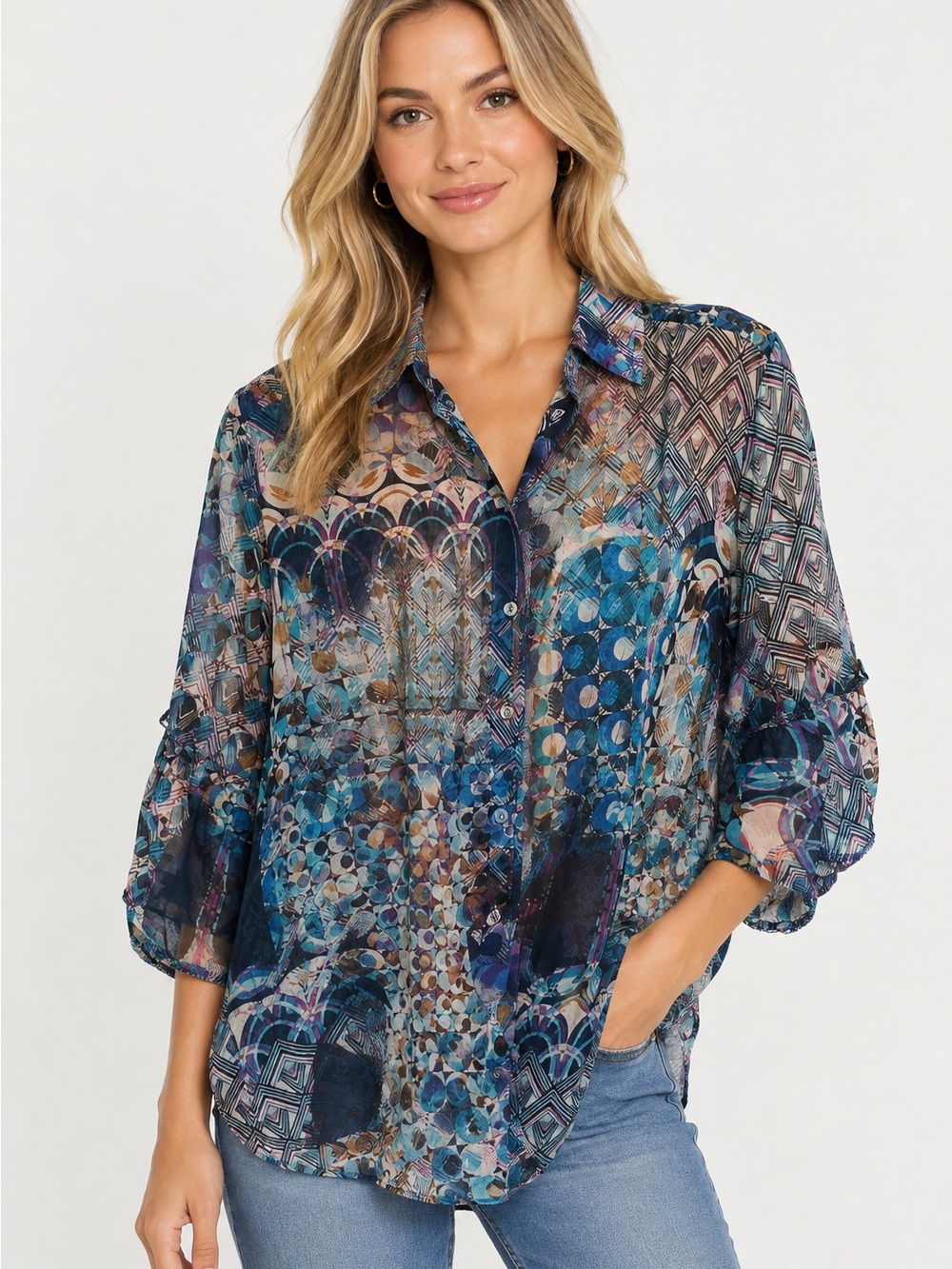 Johnny Was Boho Klodi bell sleeve ruffle blouse top shirt 100% cotton semi sheer